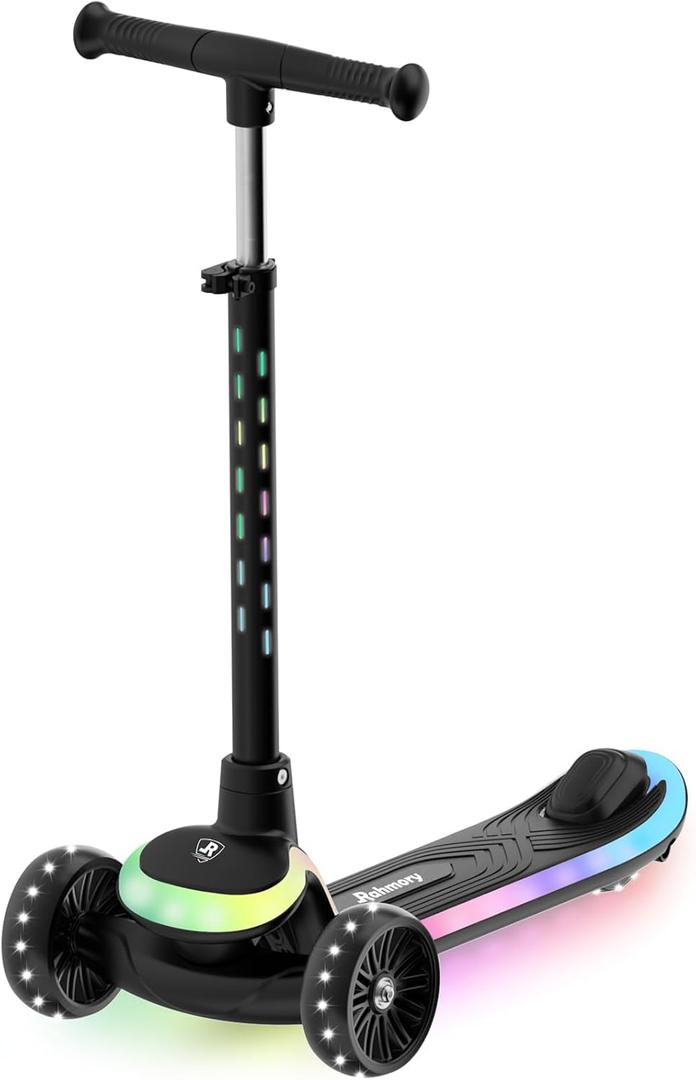 3-Wheel Light-Up Kids Scooter, 20 Different Light Patterns,Three Adjustable Heights,Lean to Steer, Balance Scooter for Ages 3-8 (Black)