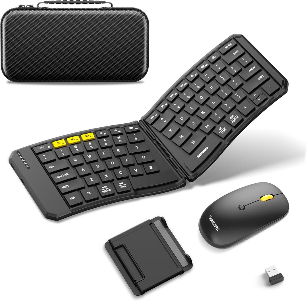 Ergonomic Foldable Keyboard and Mouse, Samsers KM09 Split Folding Bluetooth Keyboard Combo, 2.4G + BT5.0 x2, 6-Row Layout Portable Travel Keyboards & USB-C Wireless Mouse for iOS Android Windows MacOS
