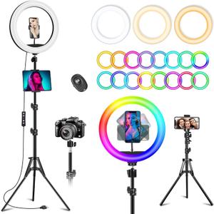 10.3" Ring Light with Tripod and Phone iPad Holder,Selfie Ring Light with 51 Color Mode,Circle Lighting for iPhone,Dimmable LED Phone Ringlight with Stand for Makeup/Video Recording/Photography/TikTok