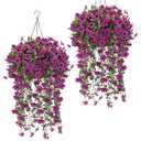 Geegoods 1 Set Artificial Hanging Flowers Plants for Outdoor, Faux Hanging Violet Flowers Baskets with Eucalyptus Vines UV Resistant Realistic Fake Plants for Outside Porch Garden Yard Home Decor
