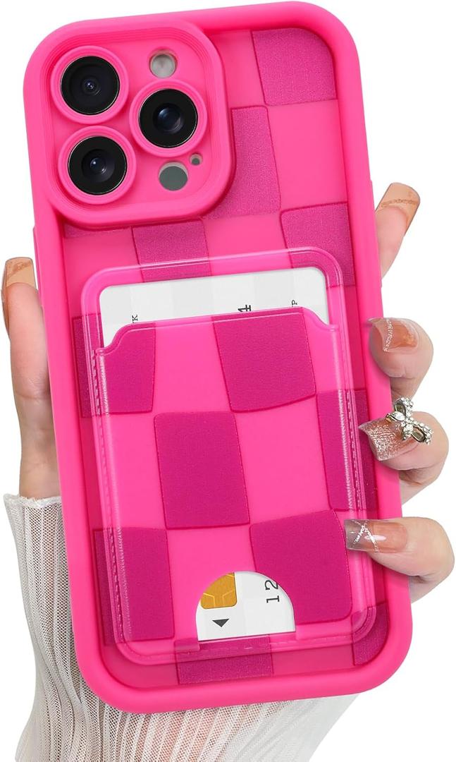 KANGHAR Compatible with iPhone 13 Pro Max Case, Wallet Silicone Checkered Cute Pattern, Card Holder Camera Protection Soft Slim Shockproof Edge Phone Cover for Girls Women -Hot Pink