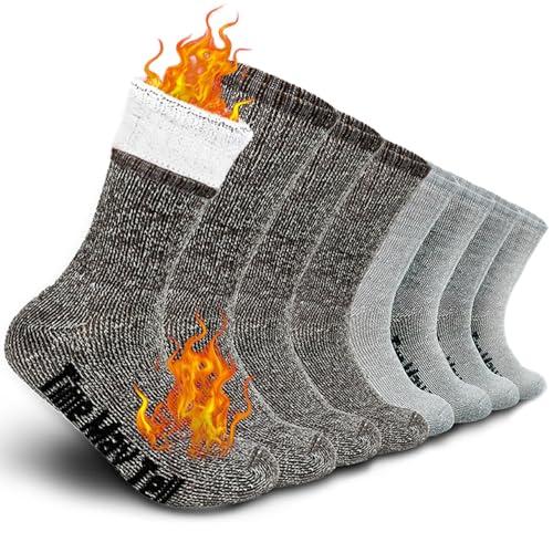 Time May Tell Mens Merino Wool Hiking Cushion Socks Thermal Warm Crew Winter Boot Socks Pack (2Light Grey,2Brown(4 pairs), US Size 5-9)