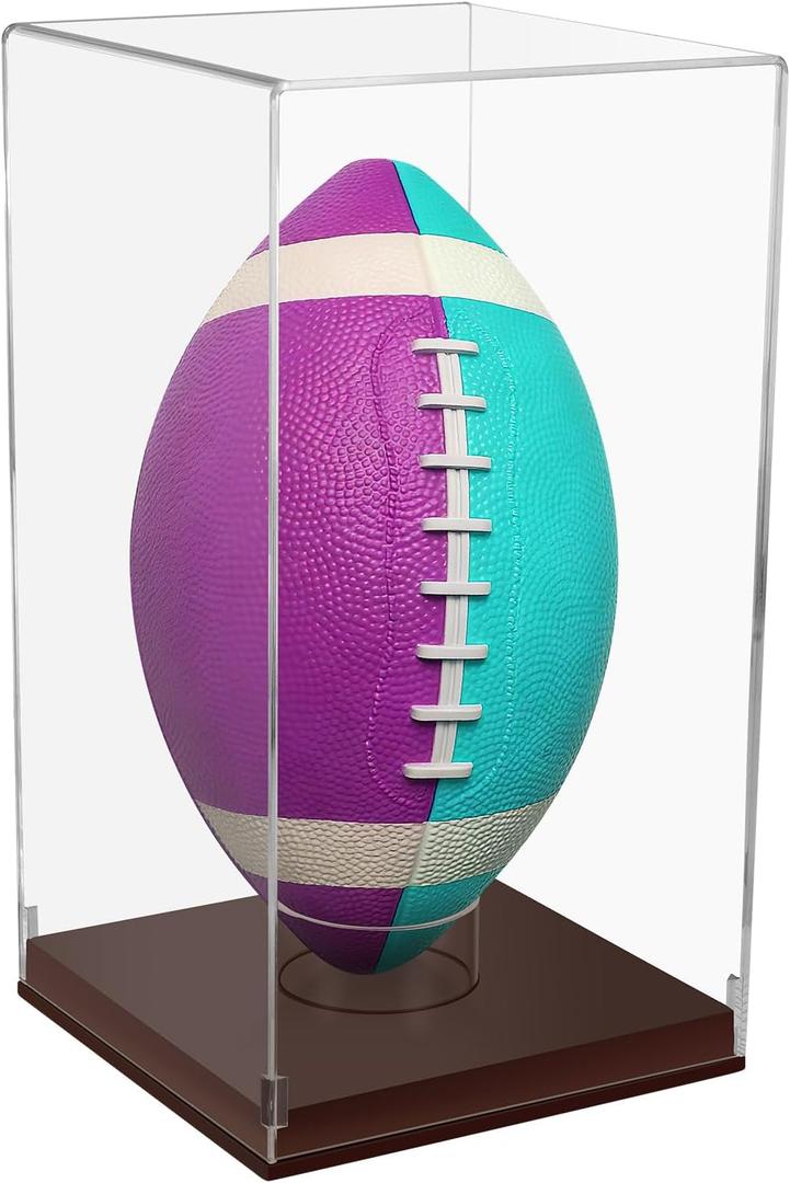 Premium Football Display Case with Clear Acrylic Cover, Brown Leather Base, Vertical Standing Design for Collectible Sports Memorabilia