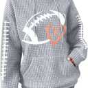 VILOVE Game Day Hooded Sweatshirt Women Funny Football Graphic Shirt Waffle Knit Game Day Pullover Hoodies Long Sleeve Gray, Size L