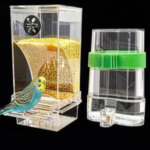 Automatic No Mess Bird Feeder Water Dispenser Set, Acrylic Transparent Parakeet Cage Accessories Bird Feeder and Waterers in Cage for Small and Medium Cockatiels, Finches, Lovebirds