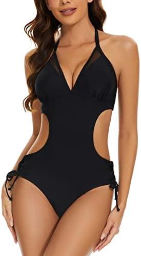 LXheysea Women's Halter Cutout One Piece Swimsuit Mesh Monokini Bathing Suit Large