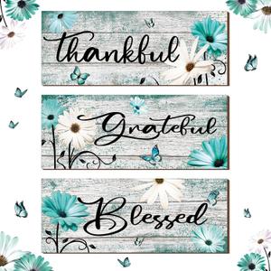 Tradder 3 Pcs Farmhouse Bathroom Wall Decor Teal Daisy Flowers and Butterfly Bathroom Wall Art Wooden Rustic Thankful Grateful Blessed Plaque Hanging Signs Spring for Home Kitchen Living Room