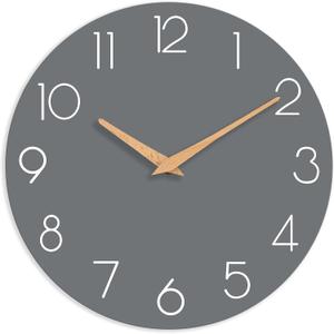 Wall Clock, 10 Inch Wooden Silent Non-Ticking, Decorative Battery Operated Wall Clocks for Bedroom, Kitchen, Home, Living Room, Office, School, Hotel (Gray)