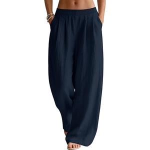 LOMON Linen Pants Women Wide Leg Palazzo Summer Flowy Pants Beach Vacation Clothes Elastic Waist Travel Trousers with Pockets, Navy Blue Large