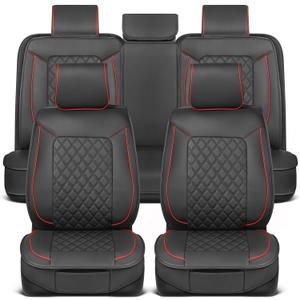Prestige Faux Leather Seat Covers - Semi-Custom Fit Car Seat Covers Full Set - Seat Covers for Trucks & SUV PU Leather Car Seat Covers - 2 Front Seat Interior Covers & 1 Back Bench Seat Cover (Black, Red)