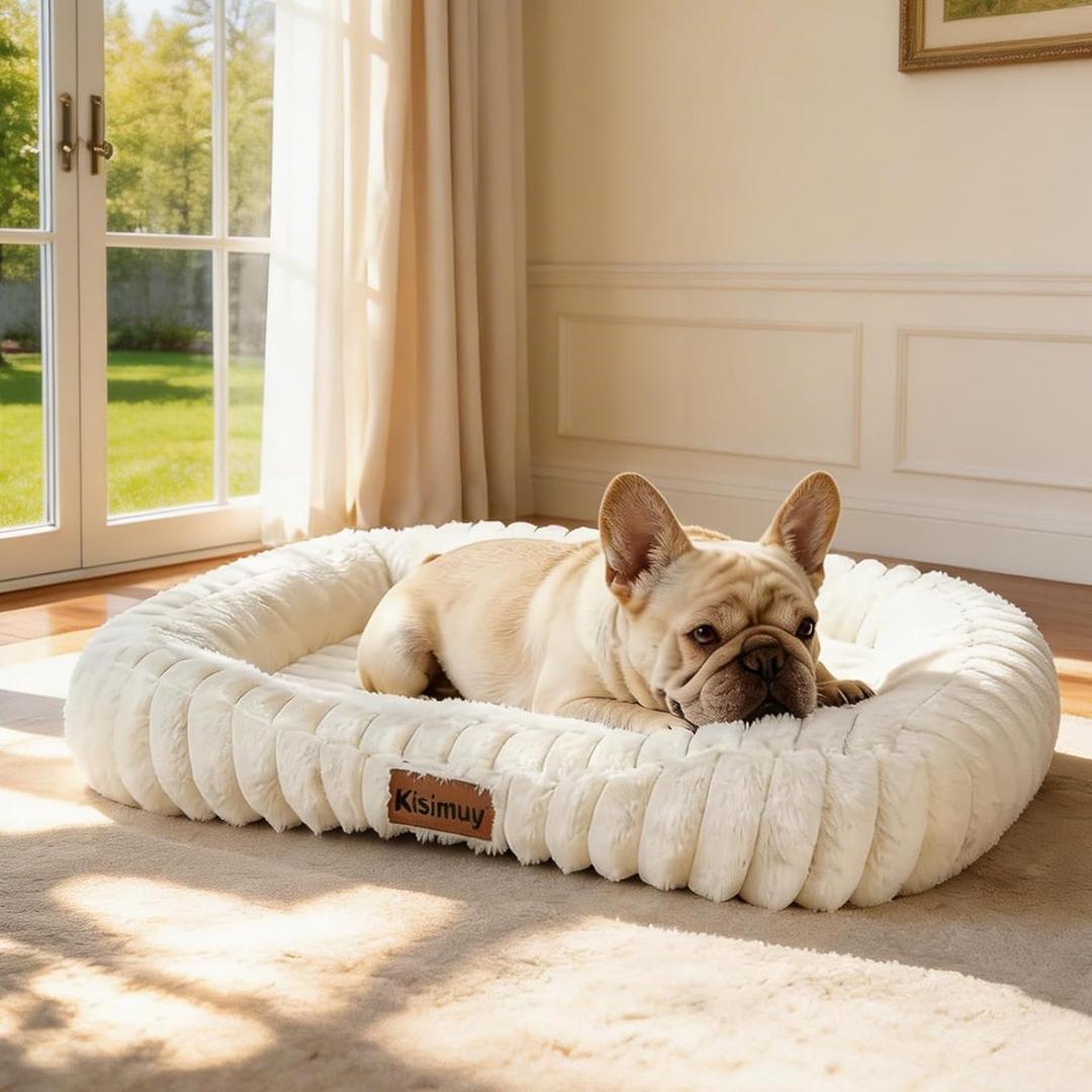 Washable Dog Bed for Medium Dogs  Soft Plush Calming Puppy Bed with Anti-Slip Bottom & Portable Handle, Orthopedic Rectangle Anti-Anxiety Pet Bed for Kennel/Crate, 30"x24"x5", Cream