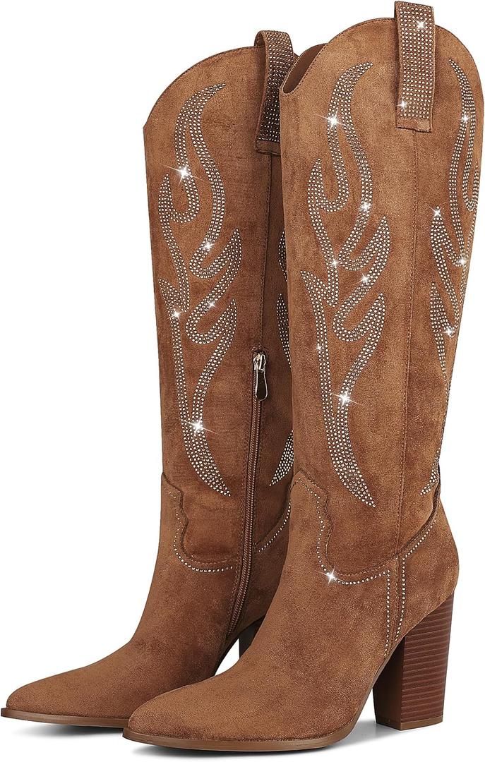 Celbreez Cowboy Boots for Women Cowgirl Boots Women Suede Knee High Boots Rhinestones Embroidered Western Boots Pointed Toe Chunky Heel Side Zip Festival Country Concert Shoes, Size 6