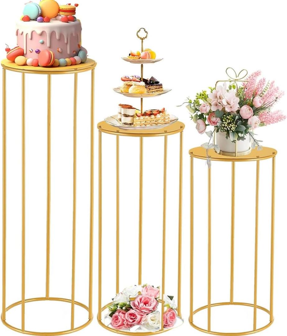 3 Pieces Gold Round Flower Stand, 39 Inch Tall Cylindrical Base Flower Stand Metal Floor Planter, Centerpiece Vase Wayfarer for Wedding Party Party Flower Arrangement Decoration