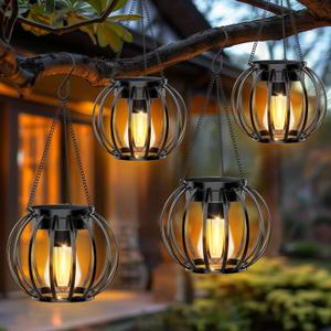 Solar Lanterns Lights Waterproof: 4 Pack Metal Hanging Outdoor Lights for Garden Yard Patio - Warm LED Tabletop Pathway Tree Decor - Birthday Christmas Gifts for Women Mom 2025