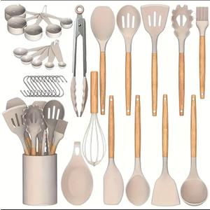 Silicone Kitchen Cooking Utensils Set, 33pcs 446F Heat Resistant, Non-stick, BPA-Free, Wooden Handles, Spatula, Turner, Tongs, Spoon, Brush, Whisk Essential Cooking Gadgets (Khaki)