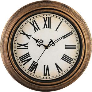 Plumeet Retro Wall Clock, 12'' Non Ticking Classic Silent Vintage Wall Clocks Decorative Kitchen Living Room Bedroom, Roman Numerals, Battery Operated (Copper Gold)