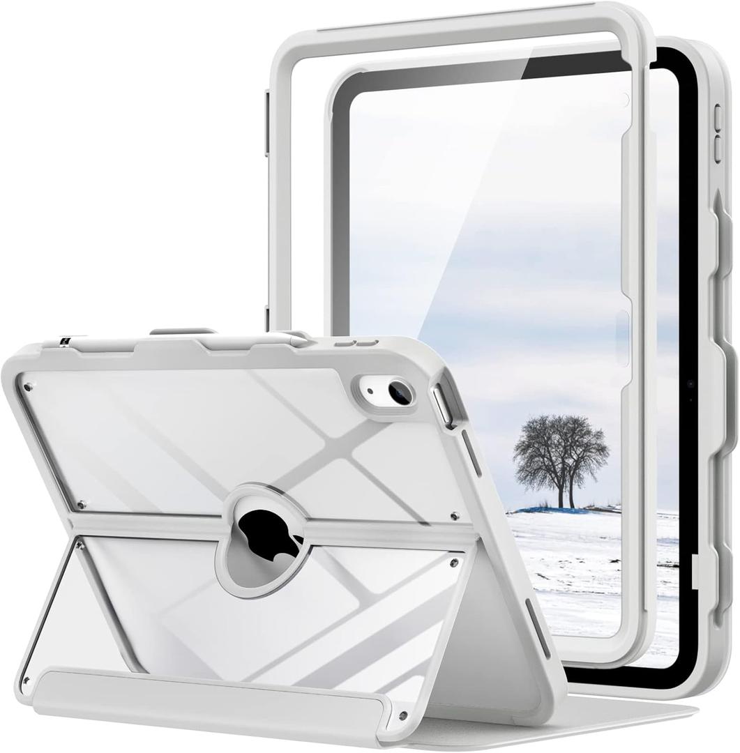 MoKo for iPad 11-inch (A16) 11th Generation Case 2025/ iPad 10th Generation Case with Pencil Holder 2022 10.9 inch, Built-in Screen Protector Clear Back, Multi Angle Viewing Stand,Light Gray