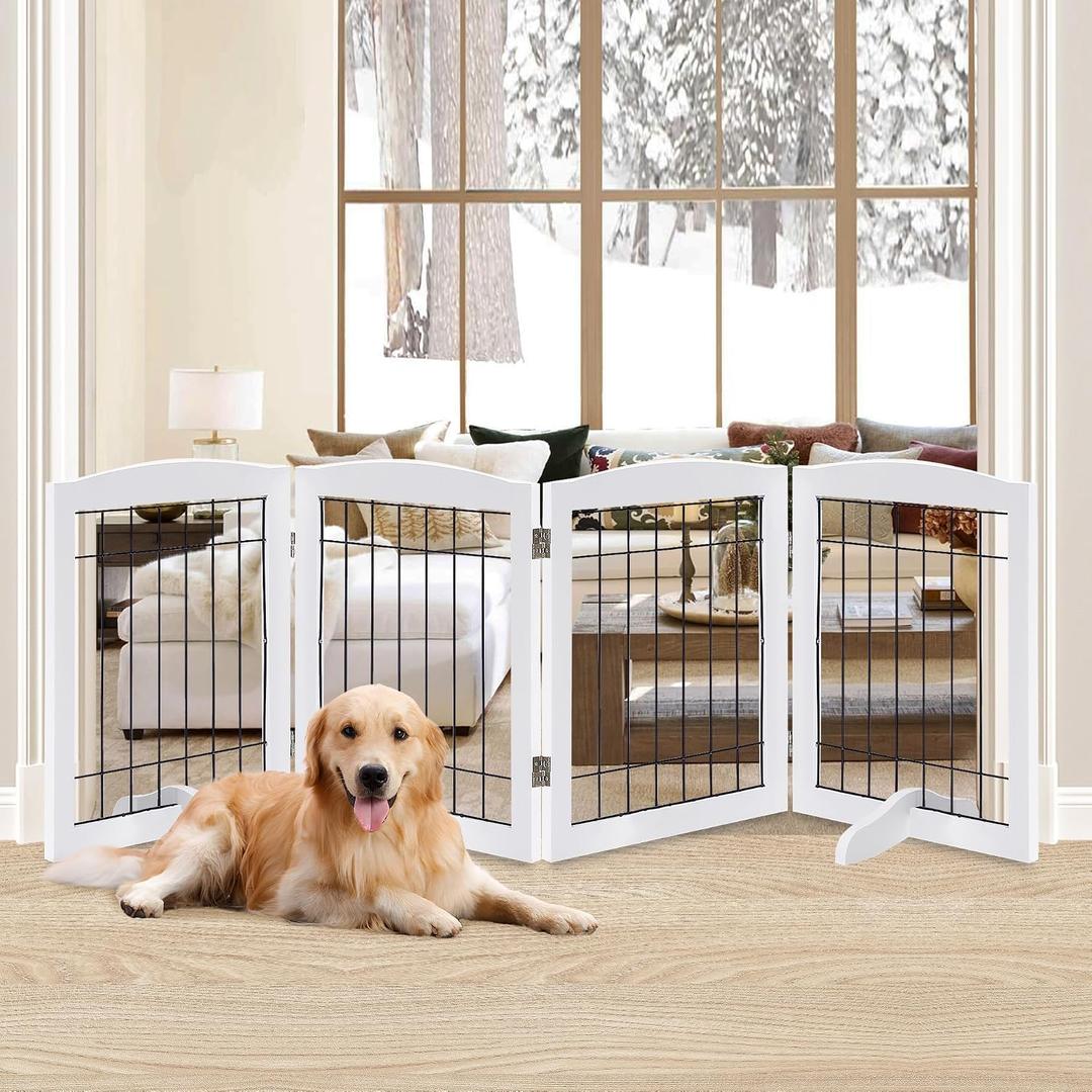 LZRS 4-Panel Freestanding Wooden Dog GateExtra Wide 30 Tall Foldable Pet Barrier with Support Feet, Solid Hardwood & Steel Wire Chew-Resistant Safety Gate for Doorways, Hallways, and Stairs, White