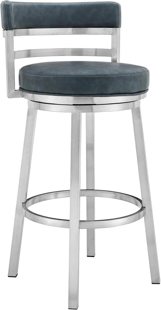 Armen Living Madrid 26" Seat Height Swivel Modern Blue Faux Leather and Brushed Stainless Steel Bar Stool for Kitchen Island Counter