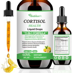 Cortisol Supplements Liquid Drops Hormone Harmony for women,11-in-1 Balance Complex Cortisol Manager with Ashwagandha,Rhodiola,Chasteberry,L-Theanine,Magnesium,Folate,Calm/Mood Support(2 FL.OZ,Lemon)