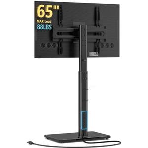 Floor TV Stand with Power Outlet, Universal TV Stand Mount for 27-65 inch TV up to 88lbs, 70 Degree Swivel 9 Level Height Adjustable with Tempered Glass Base for Bedroom, Office Black