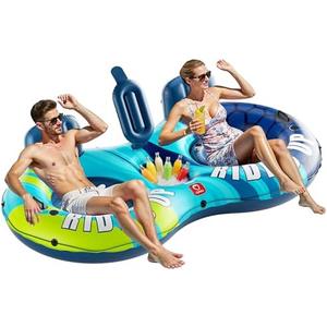 QPAU Inflatable Double River Tube, 2 Person 660lb Capacity, Puncture-Resistant 93" Sturdy Heavy Duty River Float, River Raft with Ergonomic Backrest, Cooler & Cup Holders for Family