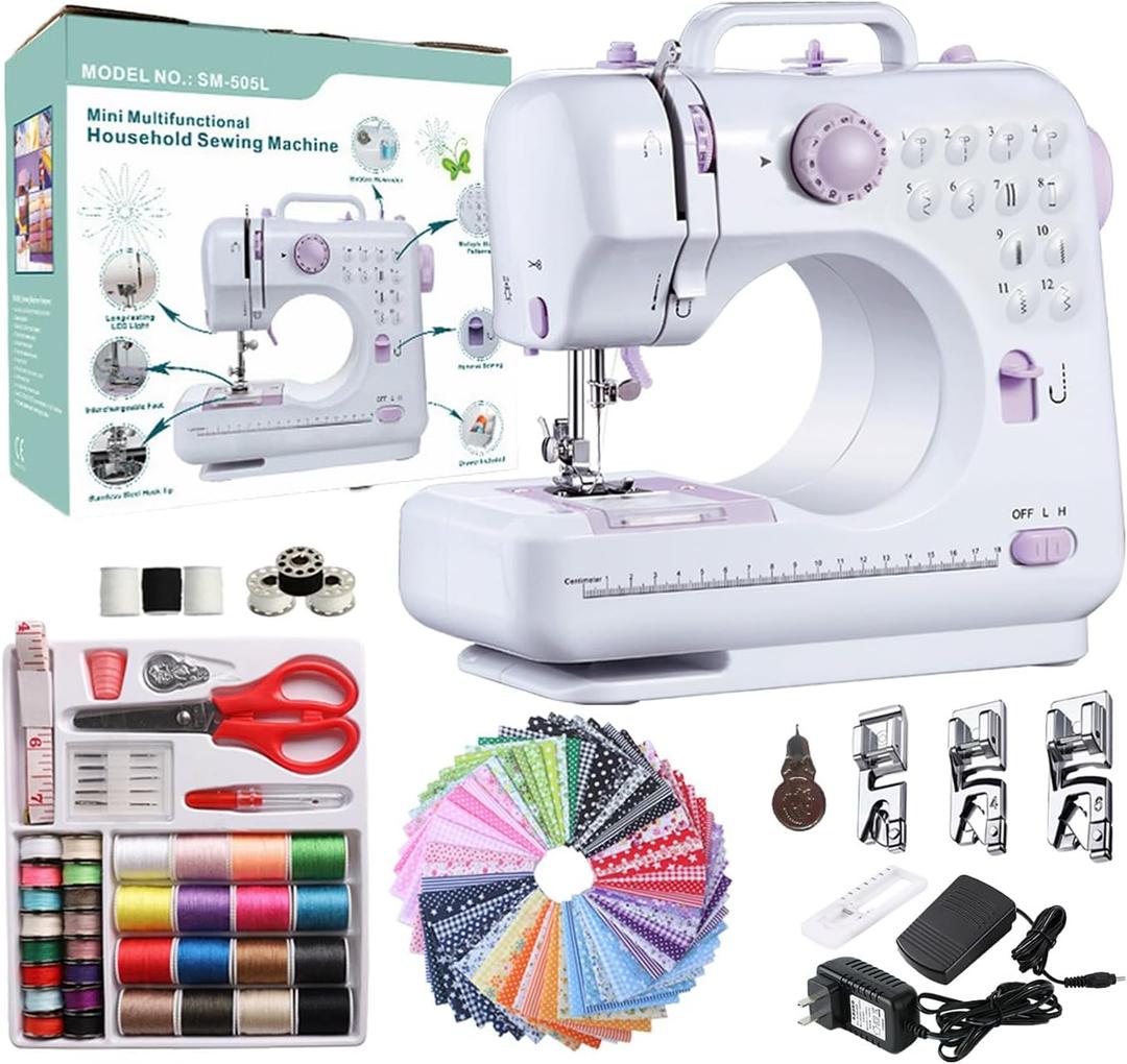 Sewing Machine for Beginners with 50 Pcs Fabric and 32 Pcs Sewing Threads Kit, Small Portable Mini Sewing Machine 12 Built-in Stitches 2 Speed with Foot Pedal