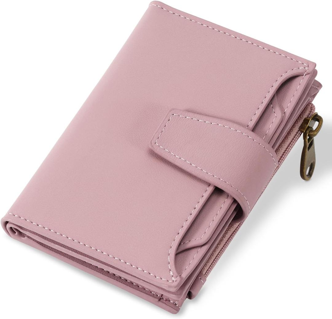 Small Wallet Women RFID Blocking Soft Leather Bifold Compact Card Holder Wallet for Women with Zipper Coin Pocket 4 ID Window (Light Pink)