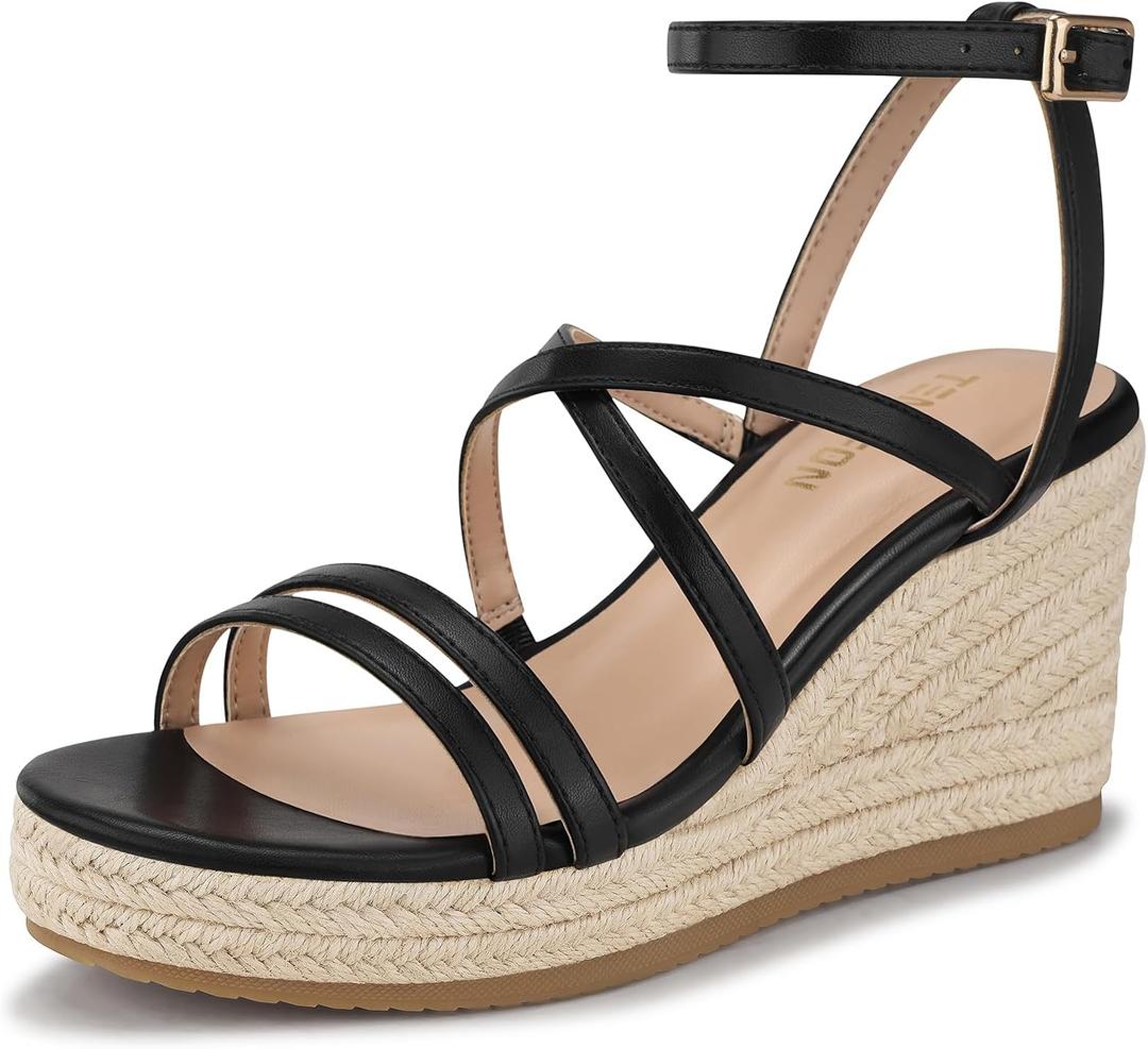 TEMOFON Espadrilles Wedge Sandals for Women: Slip On Elastic Ankle Strap Platform Sandals Dressy Comfortable Summer Wedges Heels Shoes (Black)
