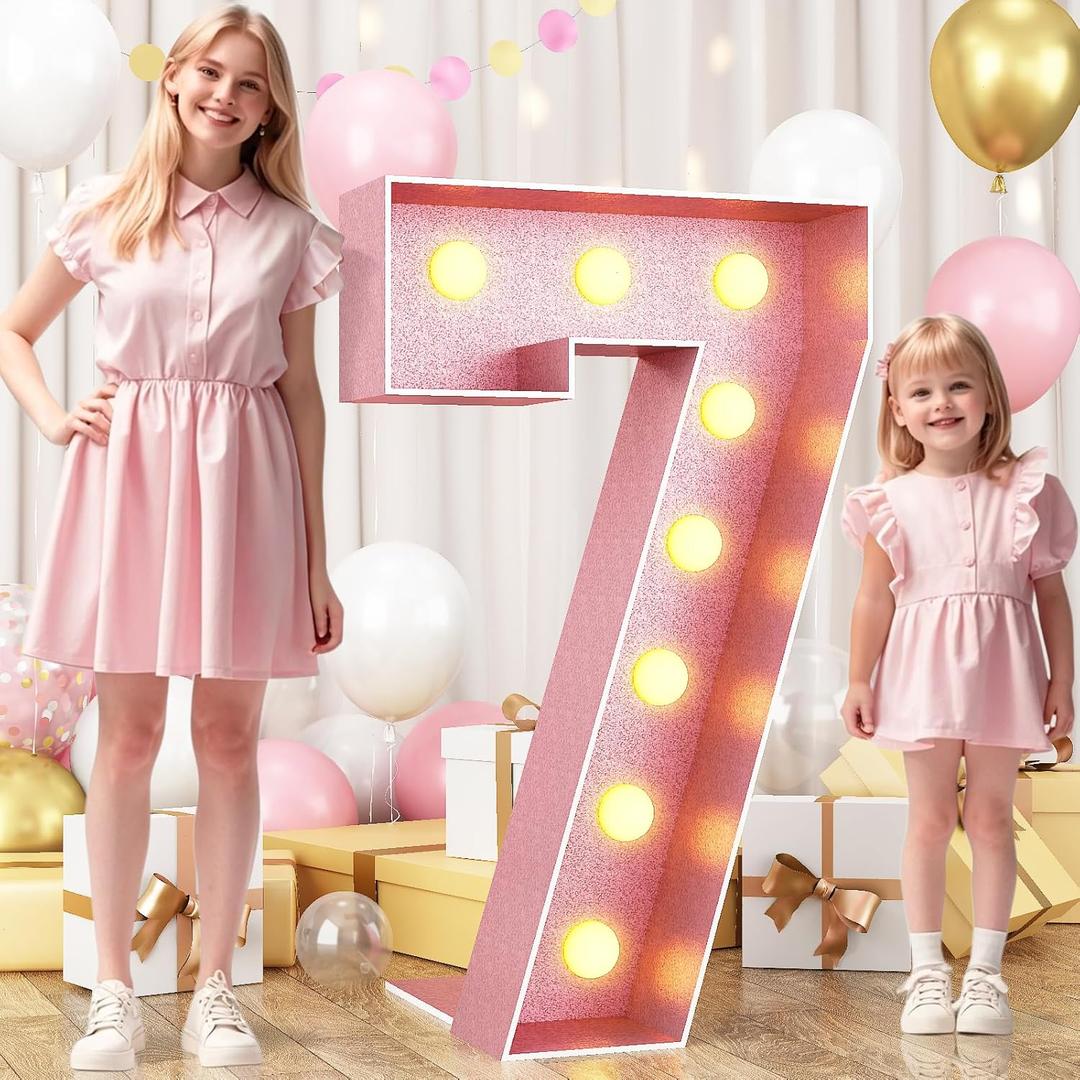 HILAVO Number 7 Light Up Number 4FT, Large Light Up Pink 7 Marquee Mosaic Decorations for Party, Big 4 Feet Tall DIY Frame Pre-Cut Foam Board Kit for Birthday Anniversary