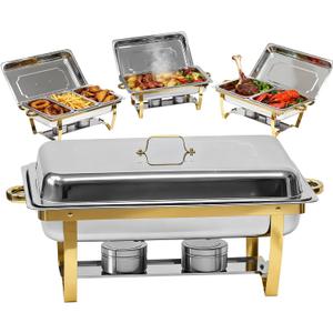 9Qt Chafing Dishes for Buffet, 4 Pack Gold 304 Stainless Steel Chafing Dish Sets, Complete Buffet Server and Warmers Set with Multiple Size Pans for Parties