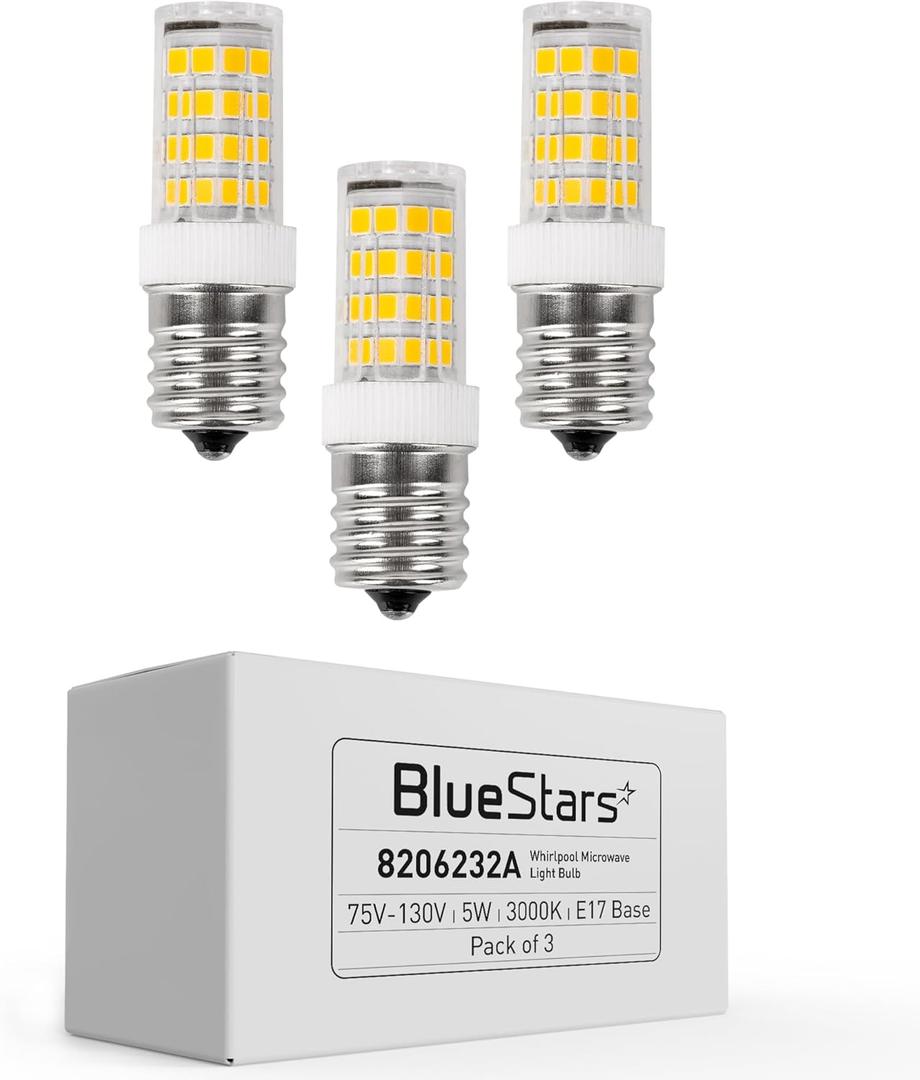BlueStars 5W E17 LED Bulbs 8206232A Microwave Light Bulbs Kei 125V, 3000K Warm White, Fits Whirlpool Maytag Under Hood Microwaves - Replaces 1890433 8206232 AP4512653, 3 Packs