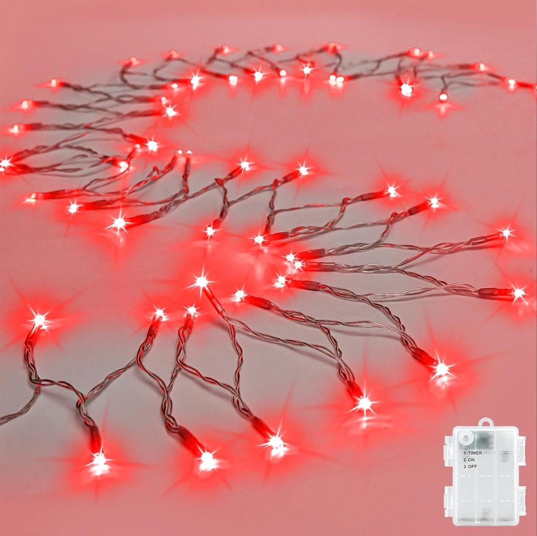 String Lights Outdoor Waterproof 9.8ft 30 LED, Red Fairy Lights Battery Operated with Timer Clear Wire for Indoor & Outdoor Christmas Vanlentines Decorations Garland Party Garden