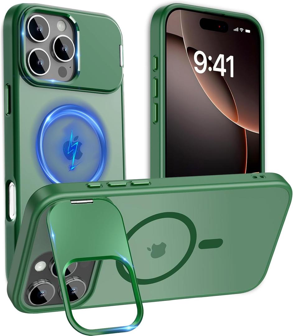 Cufelf Magnetic for iPhone 16 Pro Case(Compatible with Magsafe)(Built-in Invisible Kickstand) Military Drop Protection,Anti-Fingerprint,Anti-Scratch,Matte Translucent Phone Cover,6.3",Green