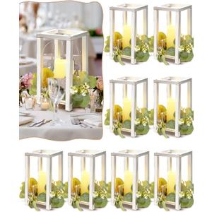 16 Pcs Wooden Wedding Lantern Centerpiece Includes 8 Rustic Wooden Lantern Centerpiece and 8 Flameless Candle Holder for Farmhouse Rustic Table Decorations Party Gift (White)