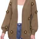 Women's Knit Cardigan 3D Floral Open Front Long Sleeve Fall Winter Crochet Outerwear Sweater Brown Large (L)