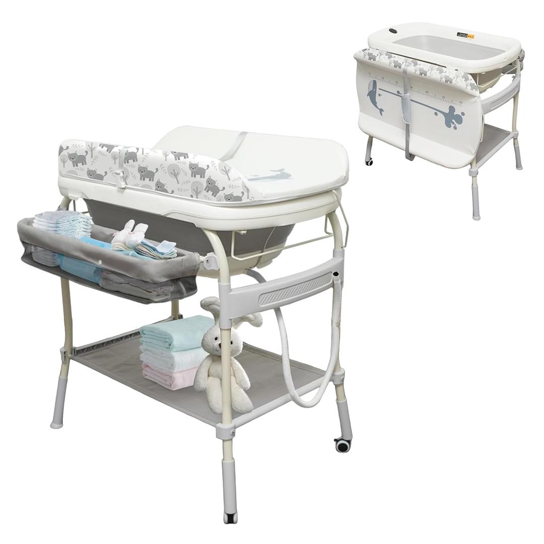 2 in 1 Baby Bathtub with Changing Table, DEYGIA Waterproof Diaper Changing Station Portable Changing Table Adjustable Height Nursery Organizer with Storage Rack for Newborn Infant Toddler, Cat Pattern