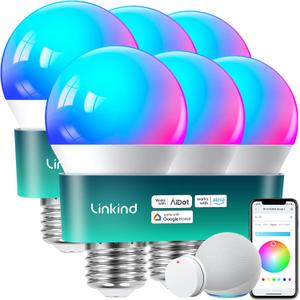 Linkind Smart Light Bulbs with Remote Control, Smart Bulb That Work with Alexa & Google Home, LED Light Bulbs Color Changing 64 Preset Scenes, A19 E26 2.4Ghz WiFi Light Bulbs Dimmable 60W 800lm 6 Pack (6 Pack with Remote)