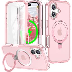 for iPhone 17 Full Body Shockproof Case with Magnetic Invisible Stand [Compatible with MagSafe] Built-in Screen Protector Military Drop ProtectionTranslucent iPhone Cover -Pink