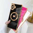 SAKUULO Case for iPhone 16 Cute Plating Case[Compatible with Magsafe] for Women Girls Electroplated Heart Soft TPU Shockproof Camera Protection Bumper Cover for iPhone 16 6.1",Black