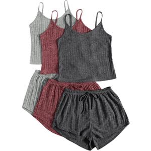 GORGLITTER Women's 3 Sets Ribbed Pajamas Set Sleeveless Crop Top and Tie Front Shorts Lounge Set Sleepwear Loungewear (Grey Red Dark Grey)