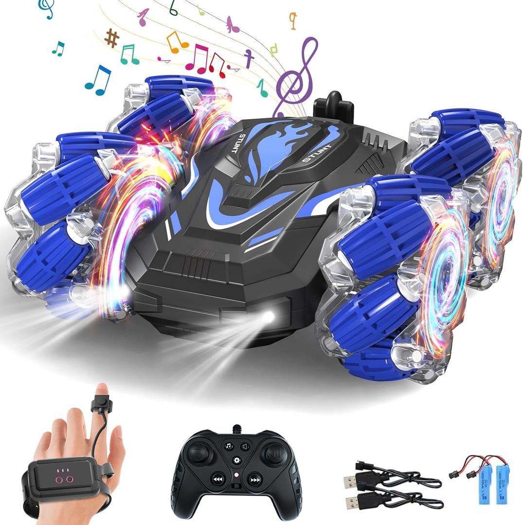 New Gesture Sensing RC Stunt Car with Lights Music, Hand Gesture Remote Control Car 360 Spins Double Side Twisted Glove Controlled RC Car Birthday Gifts Toys for 6 7 8 9 10 11 12 year old boys