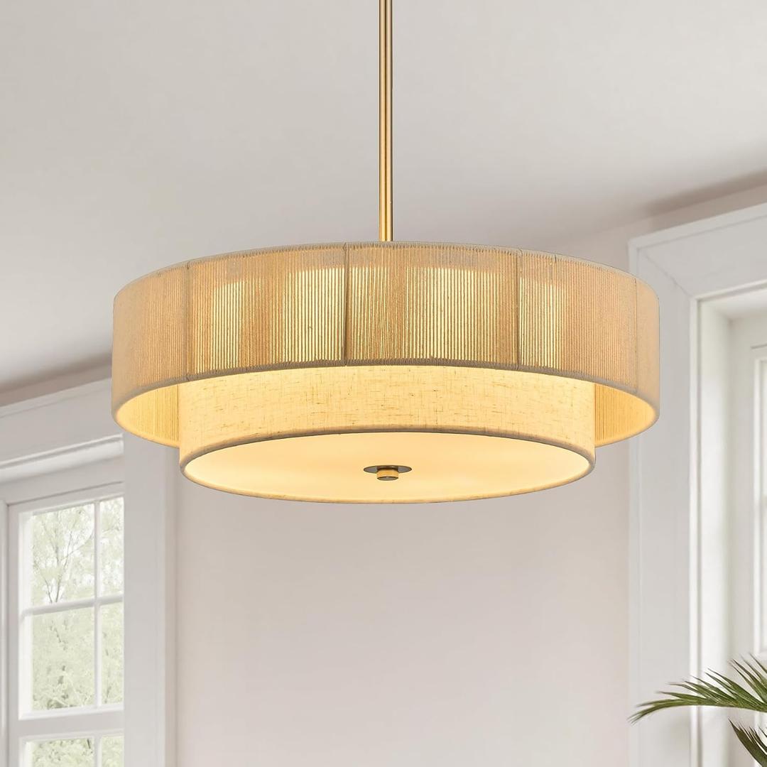 VONLUCE 17.7" Boho Rattan Chandelier, 4-Light Drum Chandelier with 2-Tier Woven Rattan Ceiling Light for Dining Room Bedroom Living Room with E26 Sockets, Nickel Finish, ETL Certified, 18inch
