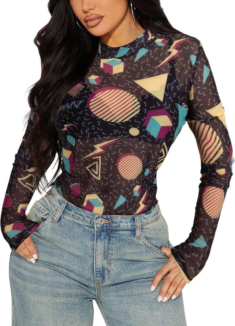 80s 90s Mesh Long Sleeve Shirt Women 90s 80s Themed Party Outfits Retro Sexy Neon Disco See Through Mock Neck Tops (Black, XXL)