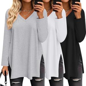 Huukeay 3 Pack Womens Oversized Long Sleeve T Shirts V Neck Knit Casual Workout Tunic Tops Side Split Loose Basic Tees(Black, White, Heather Gray,Small)