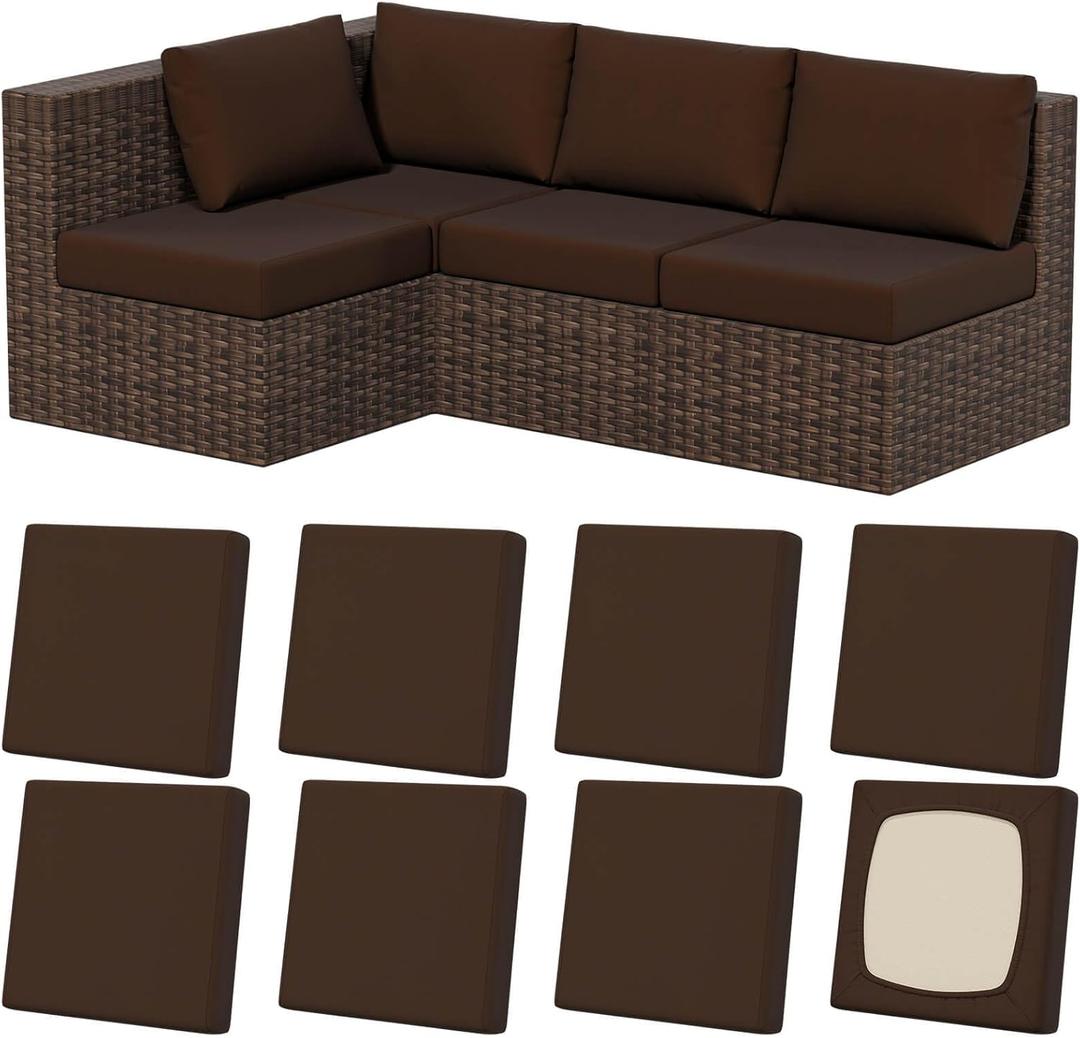 8Pcs Stretch Patio Cushion Covers, Outdoor Couch & Sofa Replacement Slipcovers for Patio Furniture Cushion Covers, Washable Reusable Furniture Protector (Square-large, Dark-coffee)