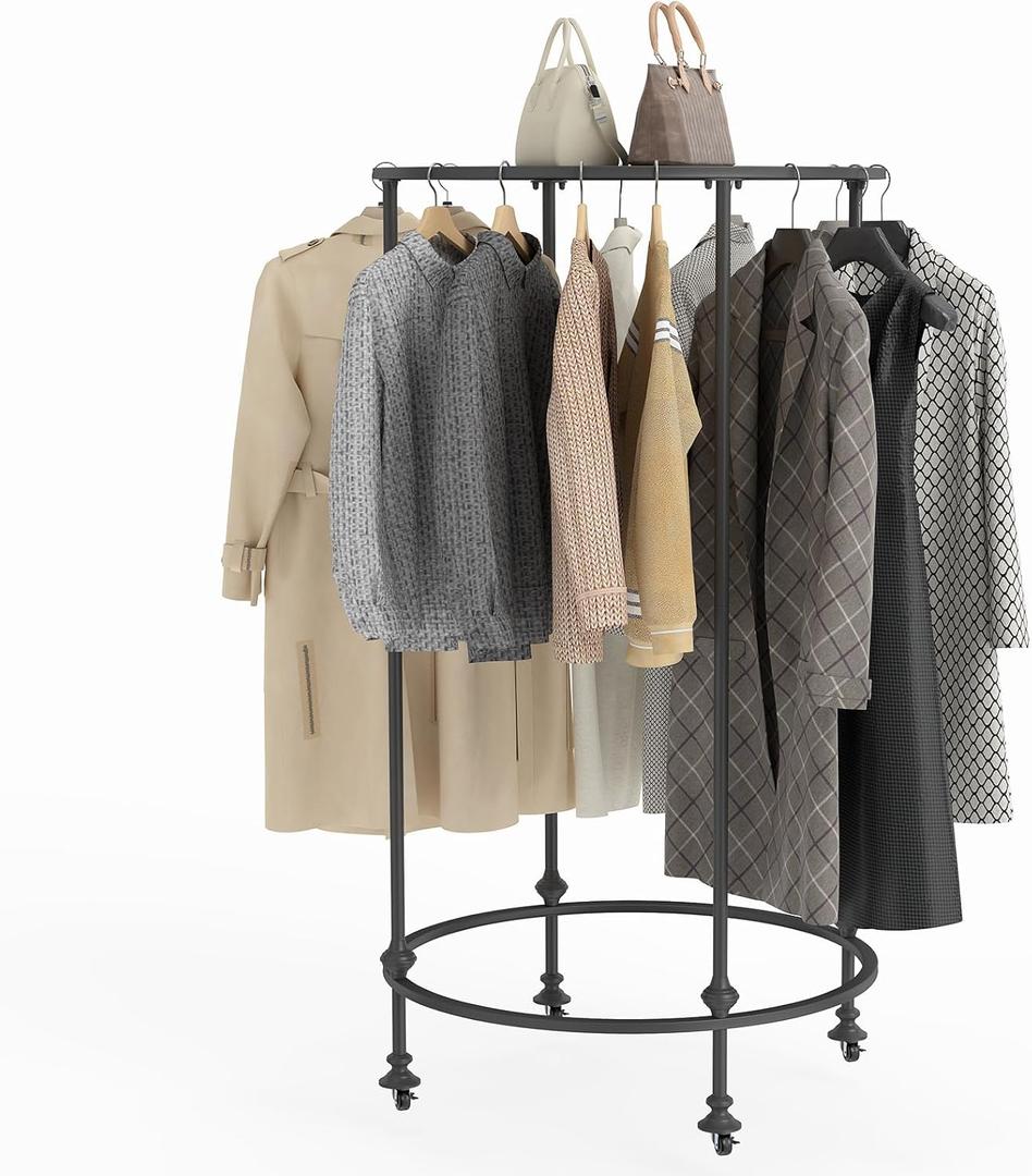 Round Garment Rack, Movable Round Clothes Rack 360 Rotating Clothes Racks Floor Standing Rotatable Clothing Rack for Boutiques Commercial Shop Laundry Room Retail Store, 27.55"D x 27.55"W x 50.78"H