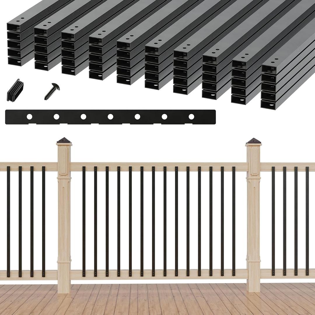 50 Pack 32.25" Hollow Aluminum Deck Balusters with Screws, Metal Balusters for Deck Railing Rectangular Spindles for Outdoor Porch Balusters, Matte Black, Includes Installation Spacing Guide