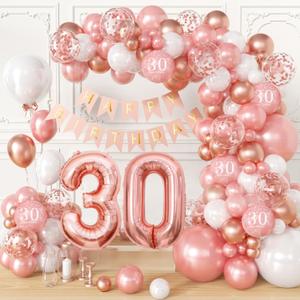 Rose Gold 30th Birthday Decorations for Her, (Total 100pcs) 30th Birthday Balloons 18/12/10/5 Inches for Garland Arch, Happy Birthday Banner, 30th Birthday Party Supplies