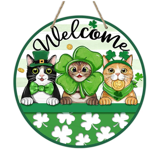 Deroro Welcome St Patricks Day Cat Front Door Sign, Lucky Shamrock Clover Wood Door Hanger Outdoor Outside Porch Decor, Irish Spring Wooden Wreath Indoor Wall Hanging Decoration Pet Lover Gift